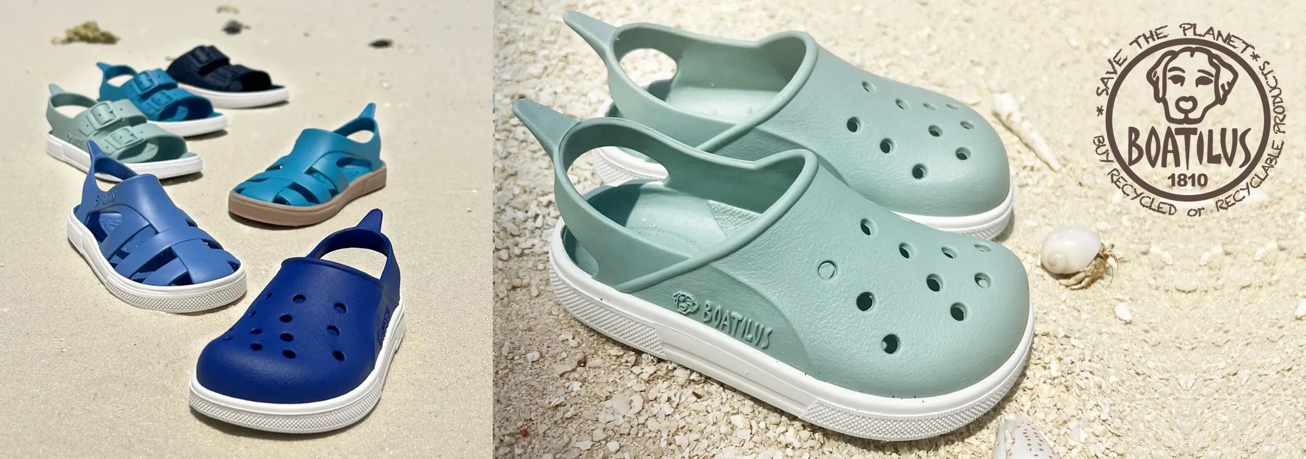 Blue and green children's sandals on a sandy background with a brand logo.