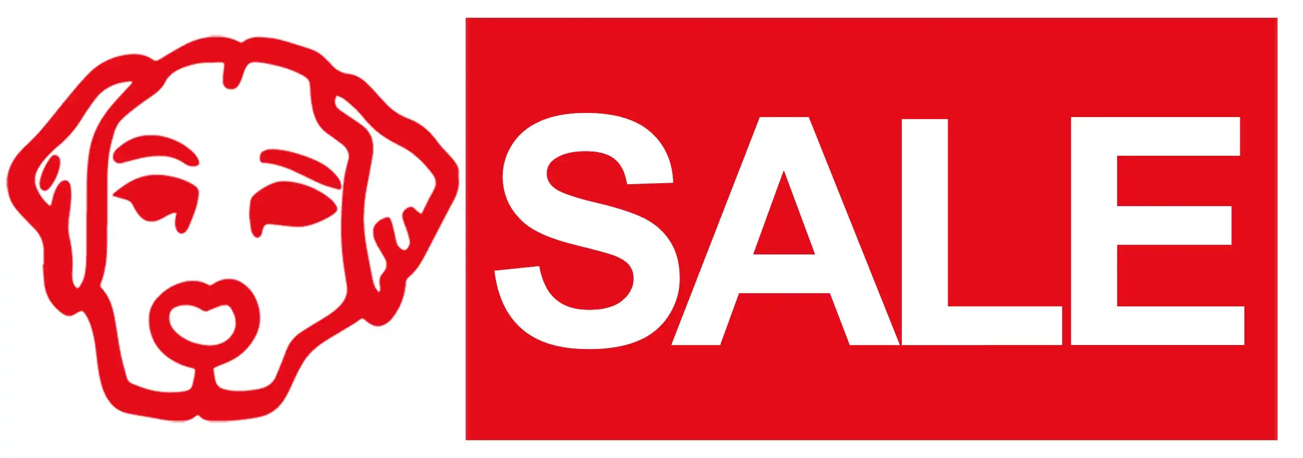 Red and white 'SALE' sign with a dog logo on a red background