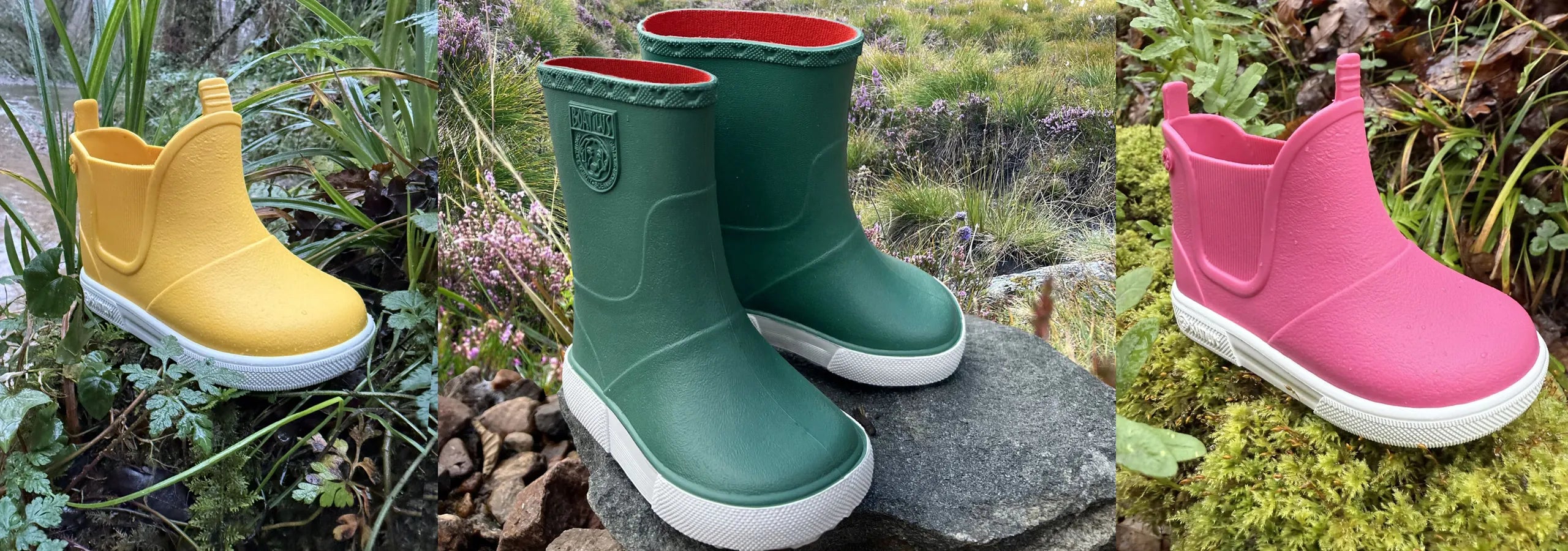 Three pairs of colorful rain boots in yellow, green, and pink on a natural background.