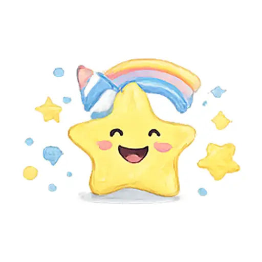 Image of a cartoon star smiling on a rainbow and white background