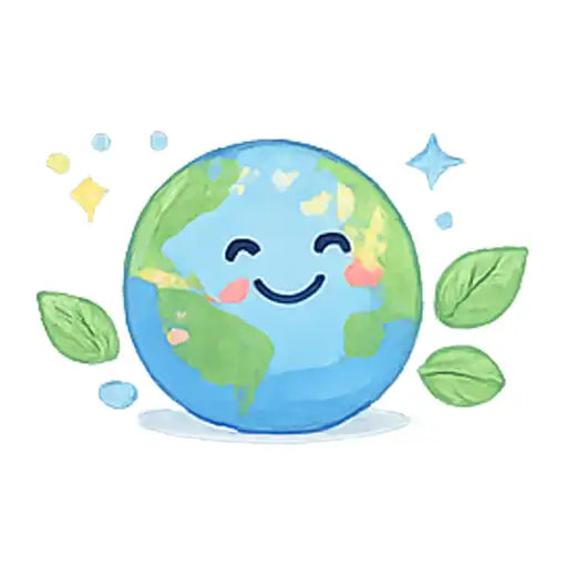 Cartoon Earth with a smiley face surrounded by leaves and stars on a white background