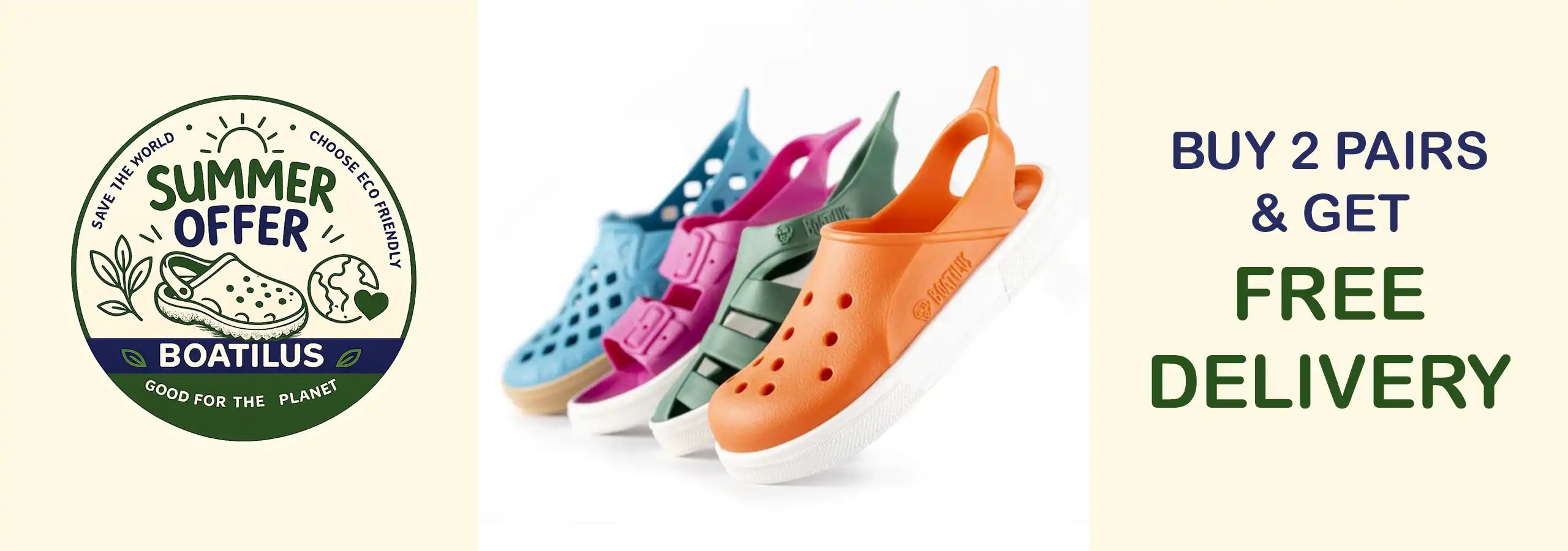 Colorful children's shoes with a 'Summer Offer' logo and promotional text on a beige background.