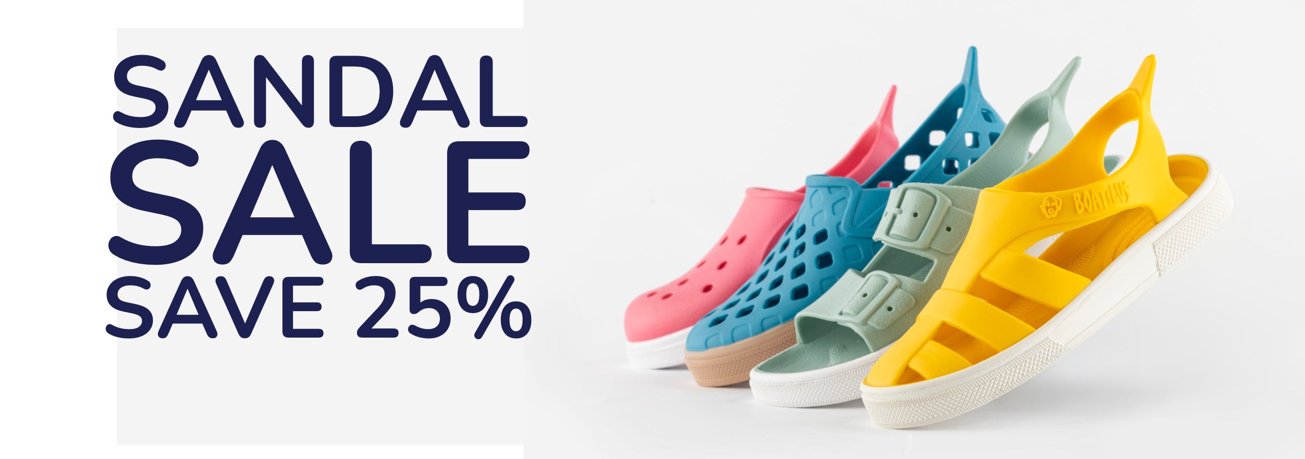 A promotional banner for a sandal sale showing four colorful slip-on clog-style sandals in pink, blue, mint, and yellow, alongside large text reading 'SANDAL SALE SAVE 25%'.