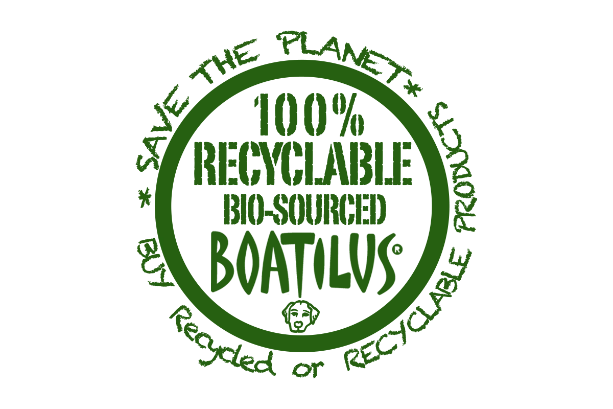 Green logo with text '100% Recyclable Bio-Sourced BOATILUS' on a white background