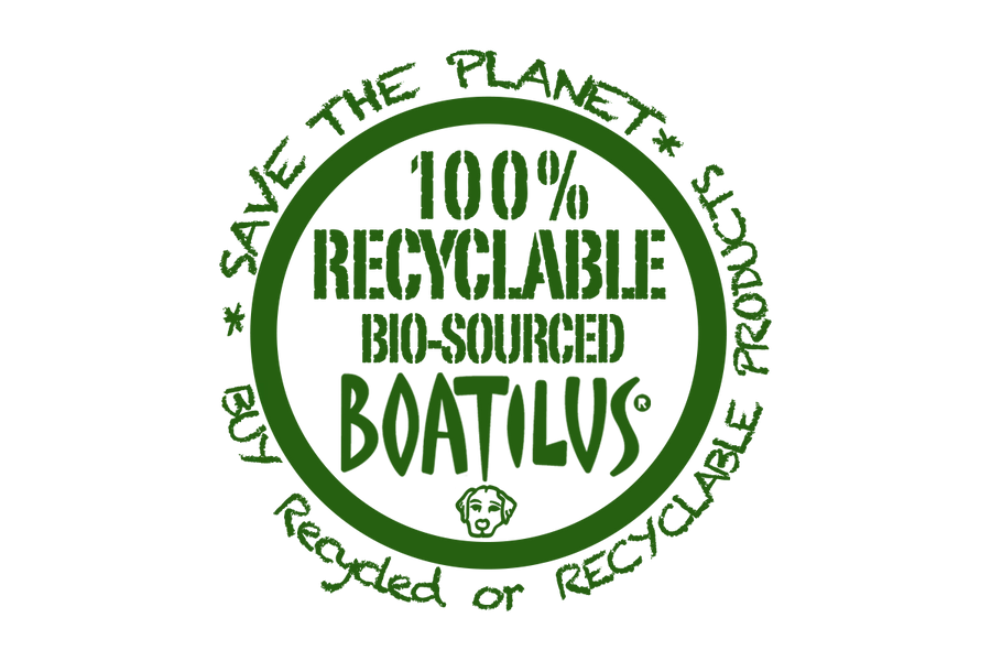 Green logo with text '100% Recyclable Bio-Sourced BOATILUS' on a white background