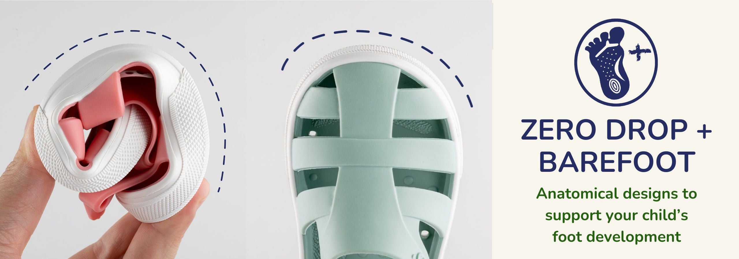 Image of two Boatilus sandals with dashed lines around them, with the line 'Zero Drop + Barefoot' and a logo of a foot