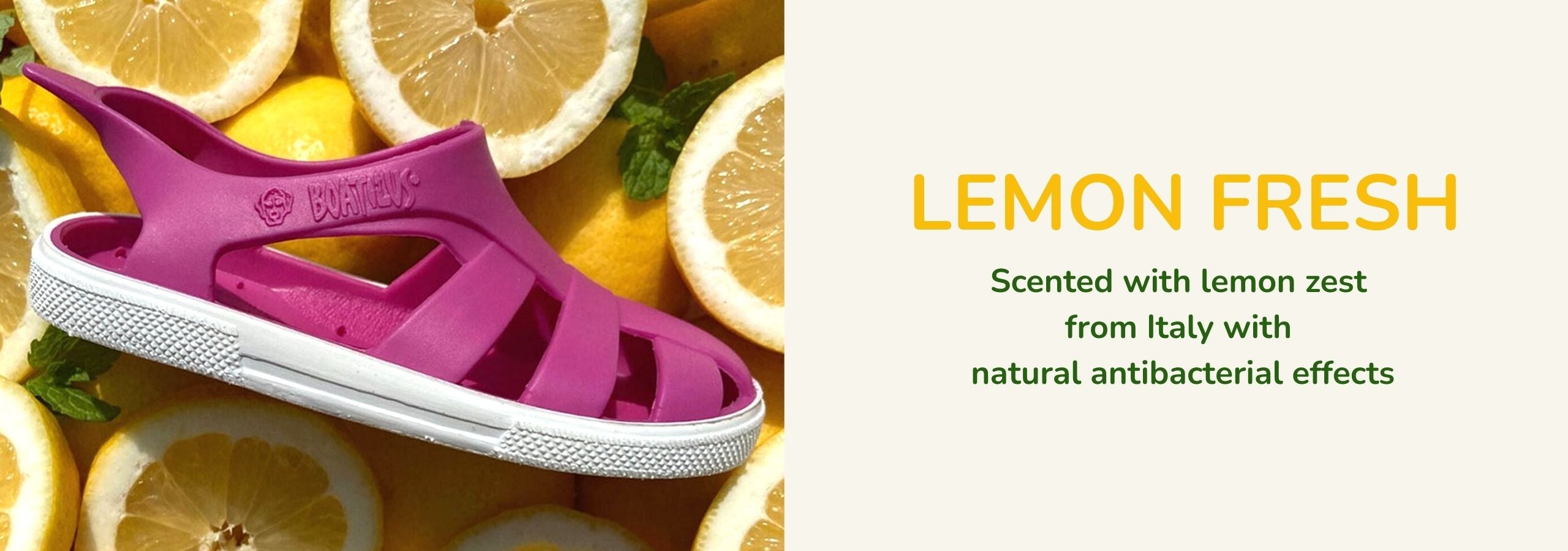 Image of a Boatilus pink sandal on top of some sliced lemons, with the line 'lemon fresh'