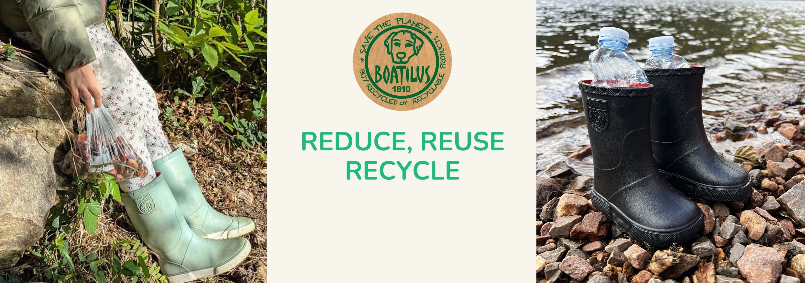 Two images of Boatilus boots in outdoor conditions, with the text 'reduce, reuse, recycle' and the Boatilus logo