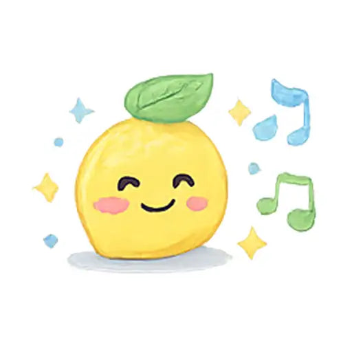 Cartoon lemon character with musical notes and stars on a white background